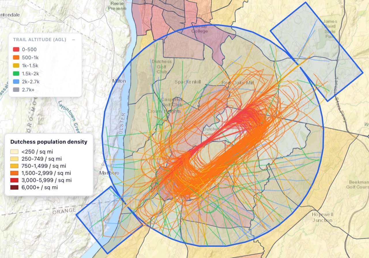 Map of repeated flight paths over Dutchess County communities, colored by altitude above ground